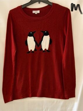 LOFT Red Crewneck Sweater with Penguin Pair Motif